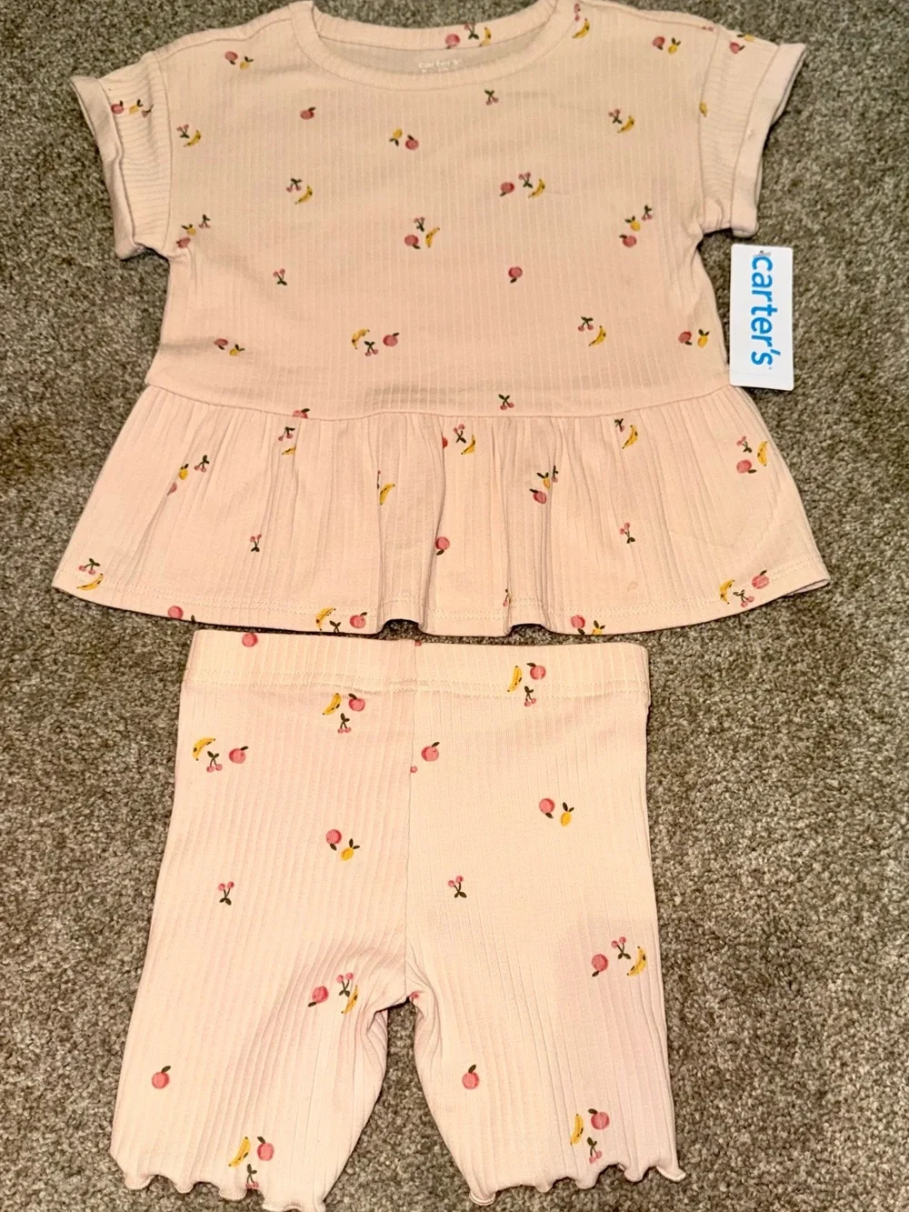 NWT- Carter’s Girls Pink Fruit Print Ribbed Peplum Top & Shorts Set | Size: 3T